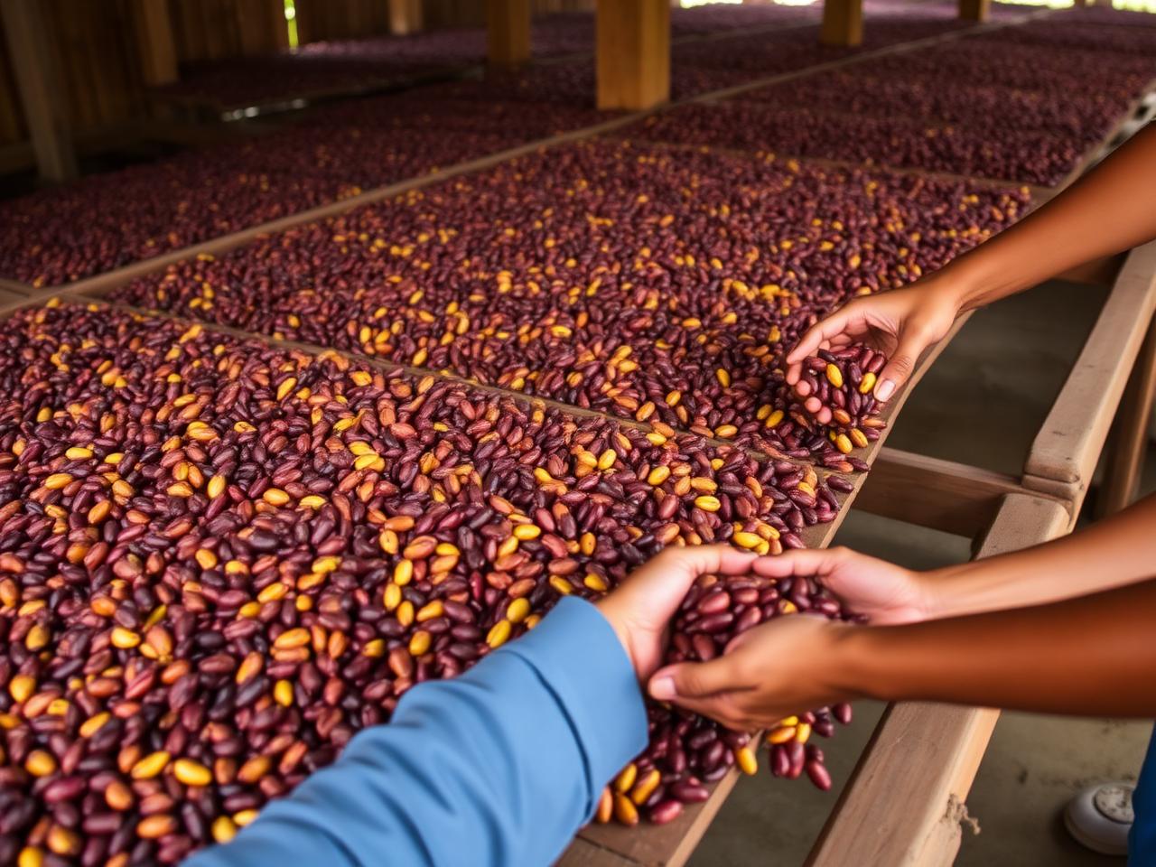 Granos de cacao extendidos en patios de secado tradicional al sol