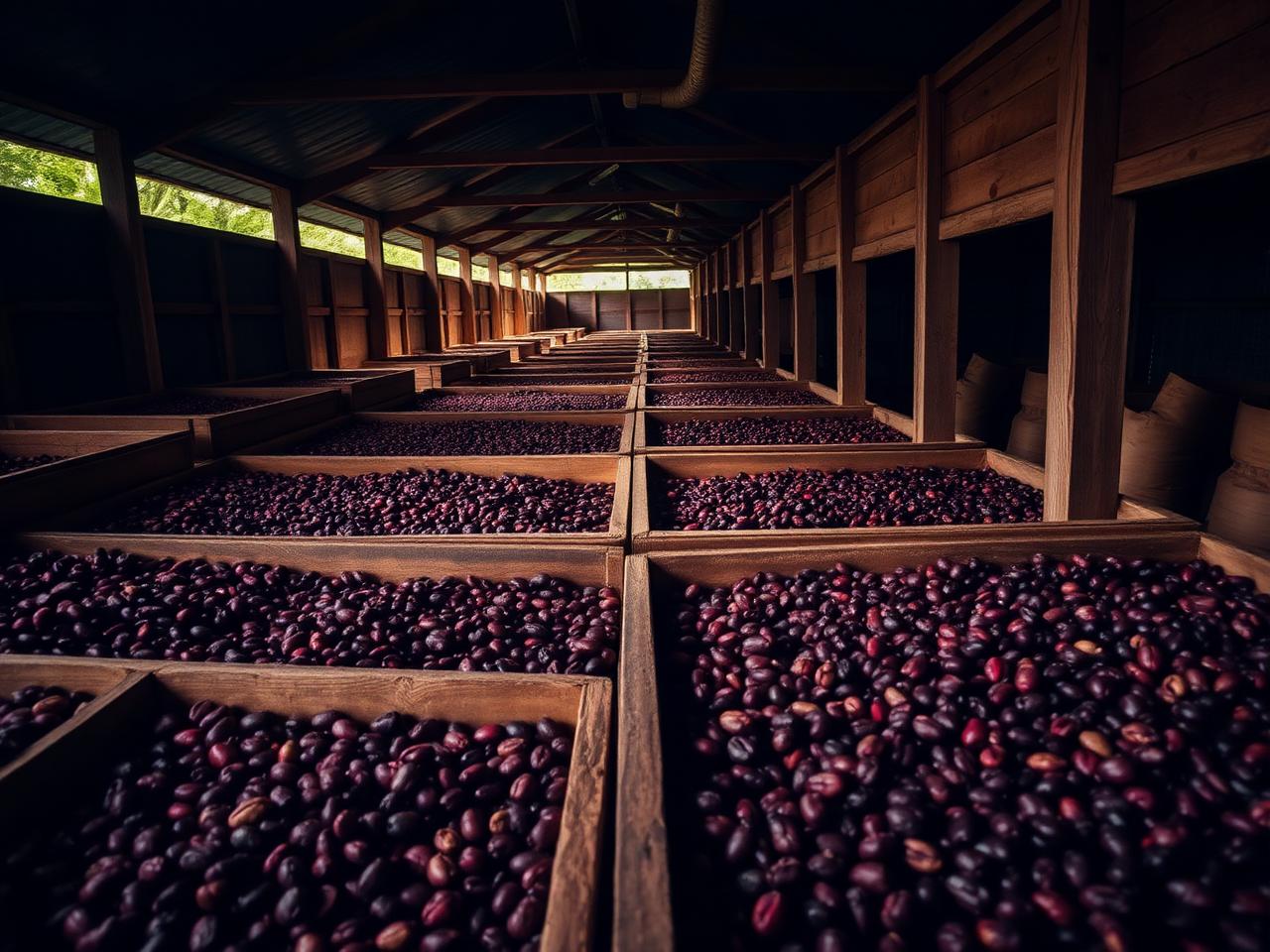Cajones de madera para fermentación de cacao en patios de secado